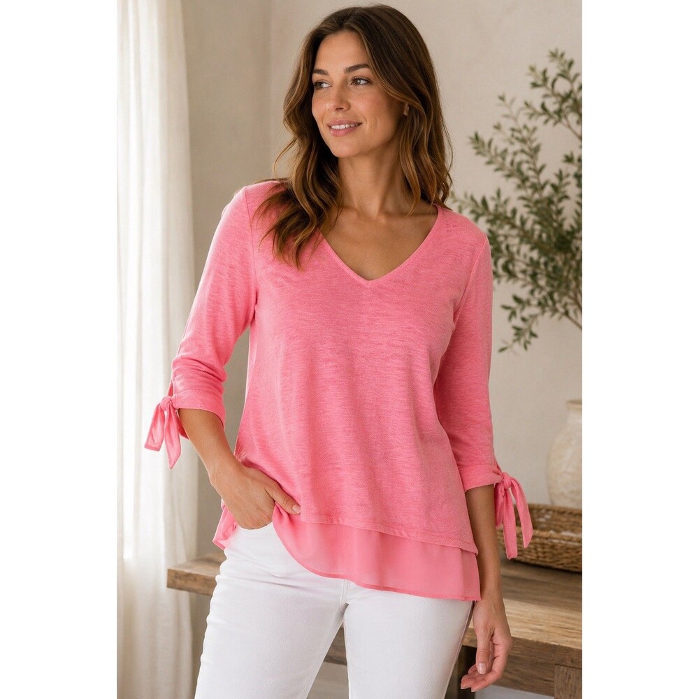 Sanctuary 100% Linen Pink Tie Sleeve V Neck Blouse Chiffon Hem Small